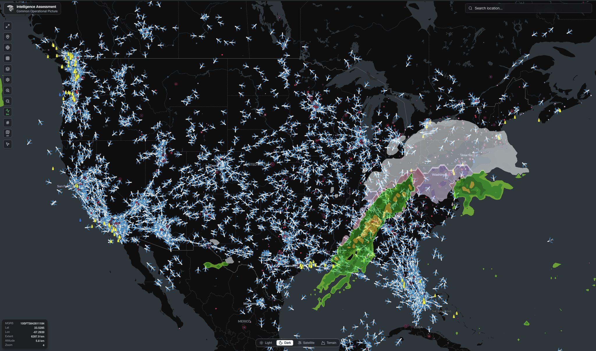 Flight and weather layer showing fewer flights over a snowstorm